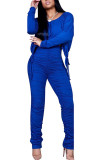ブルー ファッション ブリティッシュ スタイル 大人 ソリッド ドローストリング フォールド O ネック 長袖 レギュラー スリーブ ショート XNUMX 枚