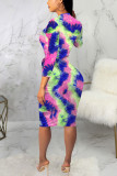 Multi-color Sexy Tie Dye Patchwork O Neck Long Sleeve Knee Length Long Sleeve Dress Dresses