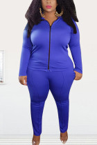 Color blue Fashion Street Adult Polyester Solid Split Joint O Neck Plus Size 