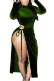 Moda verde casual adulto sólido oco retalhos o pescoço manga comprida meia panturrilha vestidos de manga comprida