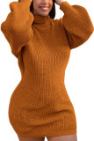 Celebrità della moda arancione Maglioni solidi per adulti Dolcevita Manica lunga Lunghezza al ginocchio Abiti con gonna a tubino