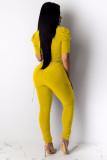 Gelbe, modische, helle, einfarbige, drapierte Patchwork-Jumpsuits mit halben Ärmeln und V-Ausschnitt
