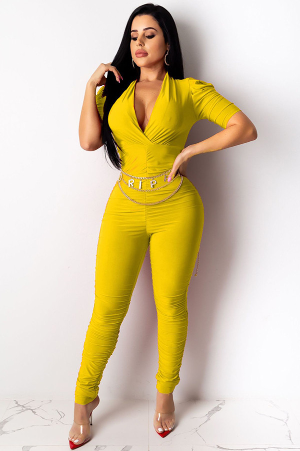 Yellow Fashion Light Solid Draped Patchwork Half Sleeve V Neck Jumpsuits