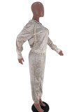 Khaki Fashion Casual Adult Print Patchwork Hooded Collar Long Sleeve Regular Sleeve Regular Two Pieces