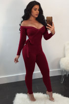 Wine Red Long Sleeve Mid bandage Solid pencil Pants 