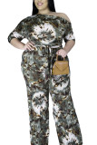 Green Casual Knitting Print Patchwork Oblique Collar Regular Plus Size Jumpsuits