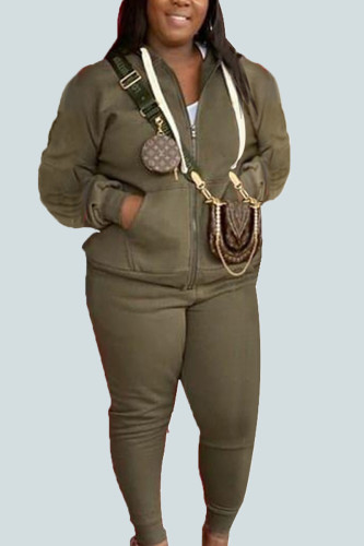 Army Green Sportswear Solid Patchwork Huvkrage Plus Size Two Pieces