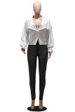 White Solid Patchwork V Neck Mid Waist Tops