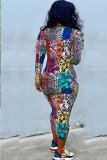 multicolor Sexig Cap Sleeve Långa ärmar O-hals Step Kjol Mid-Calf Print