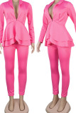 Pink Sexy Adult Solid Turn-back Collar Long Sleeve Regular Sleeve Regular Two Pieces