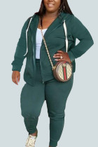 Schwarz-grüne Sportswear Solid Patchwork Hooded Collar Plus Size Two Pieces
