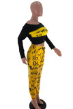 Yellow Casual Print Letter Oblique Collar Long Sleeve One Shoulder Short Two Pieces