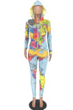 Baby Blue Fashion Sexy Adult Print Patchwork Hooded Collar Long Sleeve Regular Sleeve Regular Two Pieces