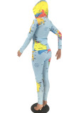 Baby Blue Fashion Sexy Adult Print Patchwork Hooded Collar Long Sleeve Regular Sleeve Regular Two Pieces