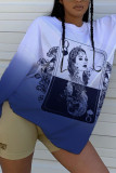 Azul moda calle adulto sarga satén dibujo de almazuela patchwork jerseys O cuello Tops