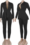 Black Sexy Adult Solid Turn-back Collar Long Sleeve Regular Sleeve Regular Two Pieces