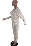 Khaki Fashion Casual Adult Print Patchwork Hooded Collar Long Sleeve Regular Sleeve Regular Two Pieces