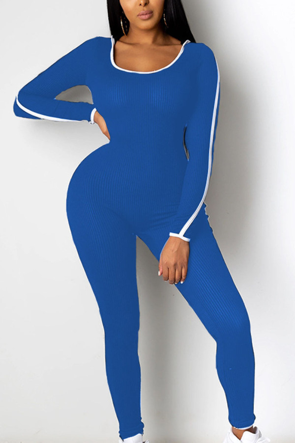 Blauwe sexy volwassen effen patchwork kraag met capuchon, normale jumpsuits
