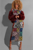 многоцветная сексуальная юбка с короткими рукавами и длинными рукавами с круглым вырезом и принтом до середины икры