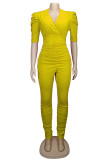 Gele mode licht effen gedrapeerde jumpsuits met V-hals en patchwork met halve mouwen