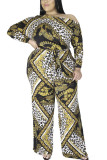 Combinaisons jaunes décontractées en tricot imprimé patchwork col oblique régulier grande taille