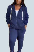 Dark Blue Sportswear Solid Patchwork Hooded Collar Plus Size Two Pieces