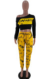 Yellow Casual Print Letter Oblique Collar Long Sleeve One Shoulder Short Two Pieces