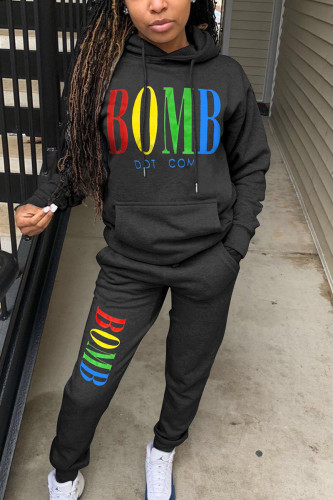 Black British Style Print Hooded Collar Long Sleeve Regular Sleeve Regular Two Pieces