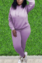Vêtements de sport violets Patchwork uni, col à capuche, manches longues, manches régulières, deux pièces régulières