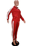 Röda Casual solida tvådelade kostymer Patchwork Rak långärmad tvådelad byxuppsättning