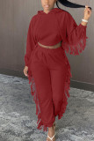 Wine Red Casual Solid Tassel Hooded Collar Long Sleeve Regular Sleeve Two Pieces