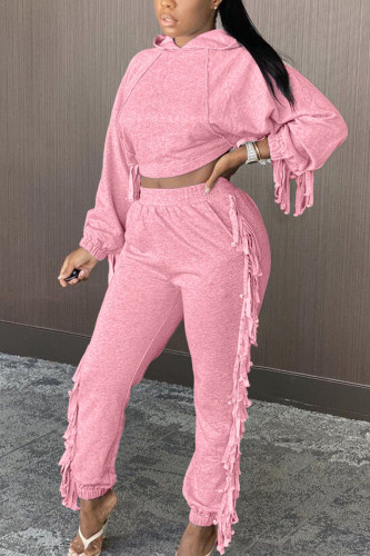 Pink Casual Solid Tassel Hooded Collar Long Sleeve Regular Sleeve Two Pieces