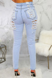 Jeans skinny azul bebê sexy sólido rasgado cintura alta
