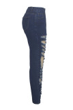 Jeans reto de cintura alta rasgado sexy azul escuro sólido