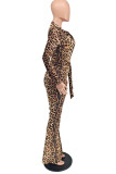 Macacão com estampa de leopardo moda sexy adulto sarja de cetim com cinto gola virada para baixo