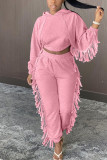 Pink Casual Solid Tassel Hooded Collar Long Sleeve Regular Sleeve Two Pieces