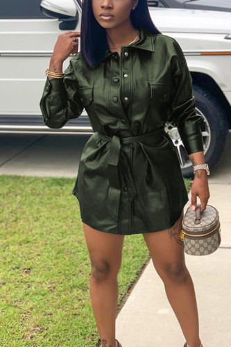 Green Faux Leather Patchwork Patchwork Buckle Basic Turn-back Collar Long Sleeve Mini A Line Dresses
