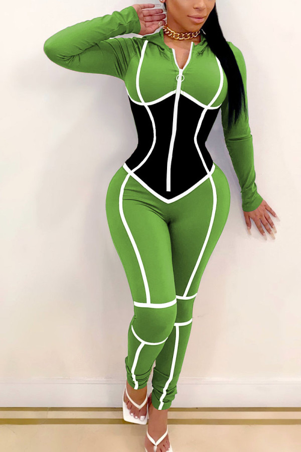 グリーンファッションカジュアルミルクファイバーパッチワークパッチワークジッパーカラーストレートジャンプスーツ