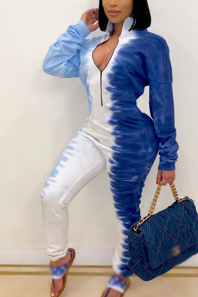 

Blue Sexy Casual Blending Mixed Printing Patchwork Turndown Collar Skinny Jumpsuits