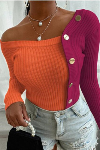 Rose Red Fashion Casual Oblique Collar Long Sleeve Regular Sleeve Regular Patchwork Solid Tops