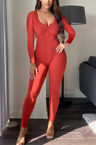 Rode mode sexy volwassen effen backless skinny jumpsuits met U-hals