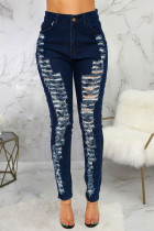Jeans skinny azul escuro sexy sólido rasgado cintura alta