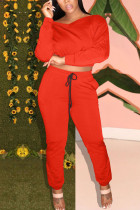 Röd venetiansk mode aktiv vuxen fru solid tvådelad kostym rak långärmad tvådelad