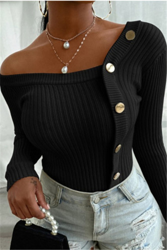 Black Fashion Casual Oblique Collar Long Sleeve Regular Sleeve Regular Patchwork Solid Tops