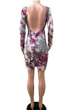 Mini vestido estampado de manga larga con escote en V y pliegues sin espalda con estampado de fibra de leche para adultos dulces a la moda púrpura