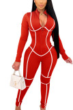 Red Sexy Milk Fiber Solid Patchwork O Neck Skinny Jumpsuits