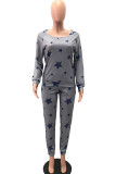 Navy Blue Fashion Adult Living Print Patchwork O Neck Long Sleeve Regular Sleeve Regular Two Pieces