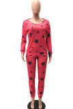 Red Fashion Adult Living Print Patchwork O Neck Long Sleeve Regular Sleeve Regular Two Pieces