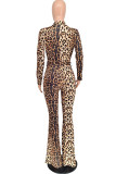 Macacão com estampa de leopardo moda sexy adulto sarja de cetim com cinto gola virada para baixo