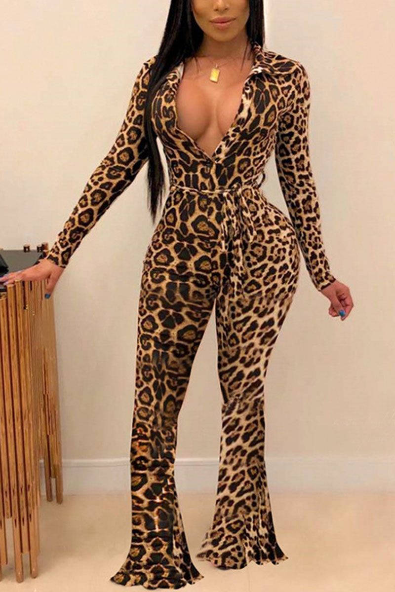 

Leopard print Fashion Sexy Adult Twilled Satin Leopard With Belt Turndown Collar Boot Cut Jumpsuits